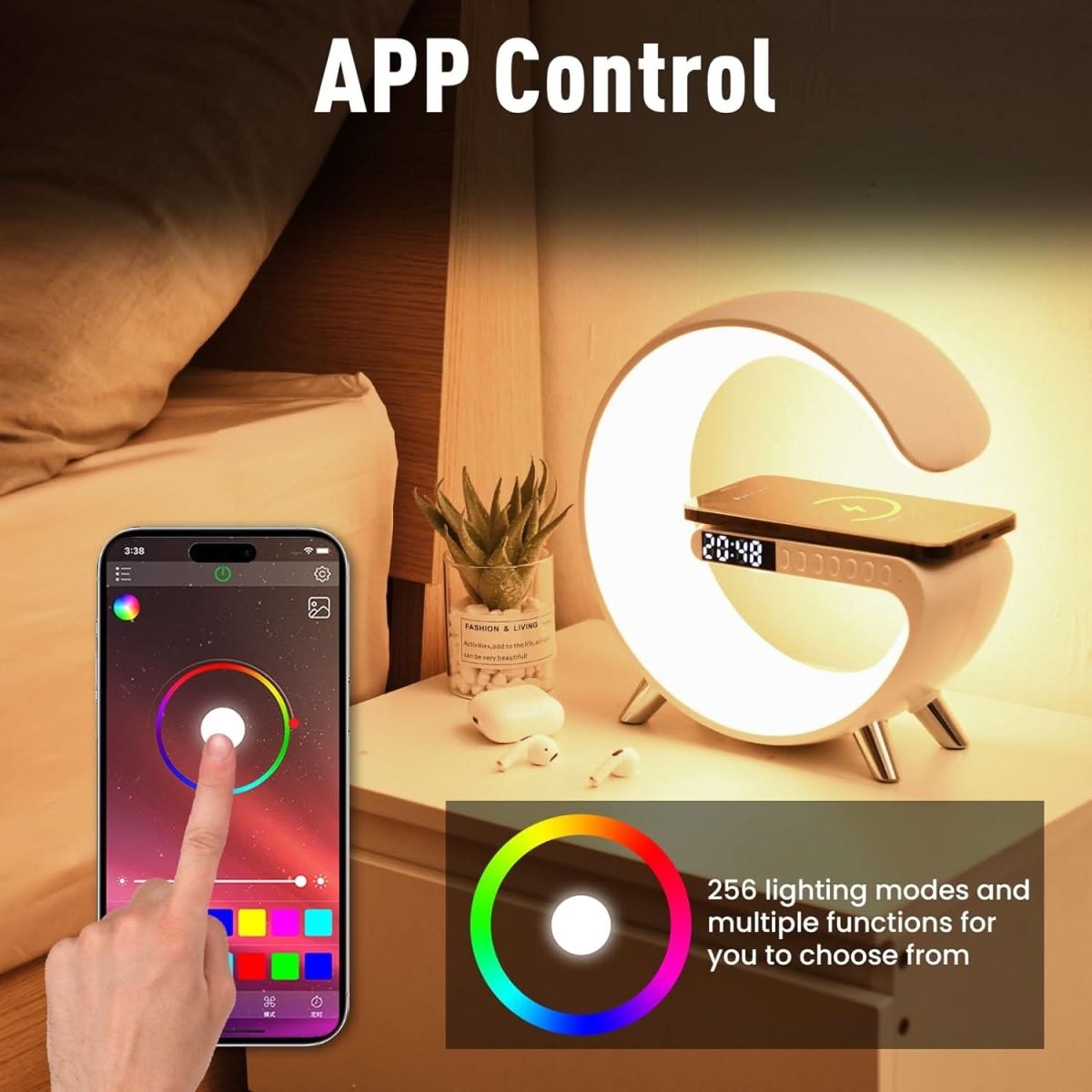 Incarcator Rapid Wireless 15W 4in1 SeveShop cu Ceas, Speaker, Lampa Smart LED RGB, Alarma Ceas cu Lumina de Trezire, Control Inteligent prin Aplicatie, Design Elegant si Compact, Compatibil Universal pentru iPhone, Samsung, Huawei, Alb Arctic - MatjarIncarcator Rapid Wireless 15W 4in1 SeveShop cu Ceas, Speaker, Lampa Smart LED RGB, Alarma Ceas cu Lumina de Trezire, Control Inteligent prin Aplicatie, Design Elegant si Compact, Compatibil Universal pentru iPhone, Samsung, Huawei, Alb Arctic