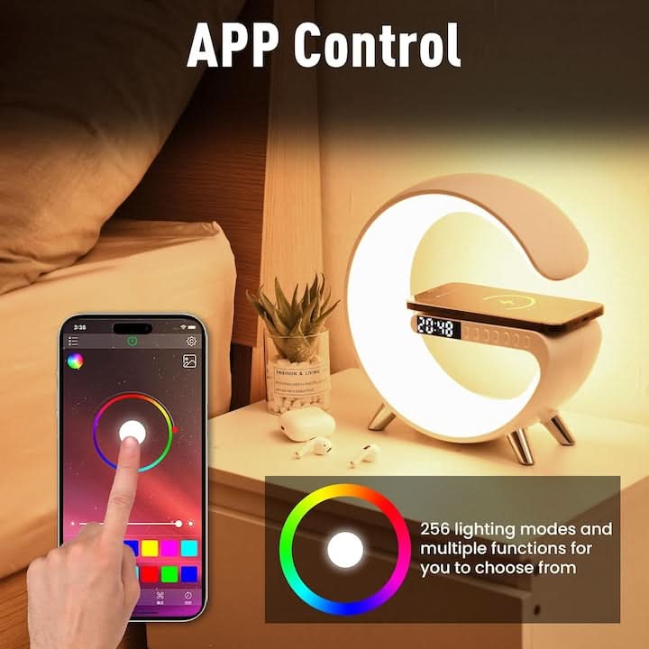 Incarcator Rapid Wireless 15W 4in1 SeveShop cu Ceas, Speaker, Lampa Smart LED RGB, Alarma Ceas cu Lumina de Trezire, Control Inteligent prin Aplicatie, Design Elegant si Compact, Compatibil Universal pentru iPhone, Samsung, Huawei, Alb Arctic - MatjarIncarcator Rapid Wireless 15W 4in1 SeveShop cu Ceas, Speaker, Lampa Smart LED RGB, Alarma Ceas cu Lumina de Trezire, Control Inteligent prin Aplicatie, Design Elegant si Compact, Compatibil Universal pentru iPhone, Samsung, Huawei, Alb Arctic