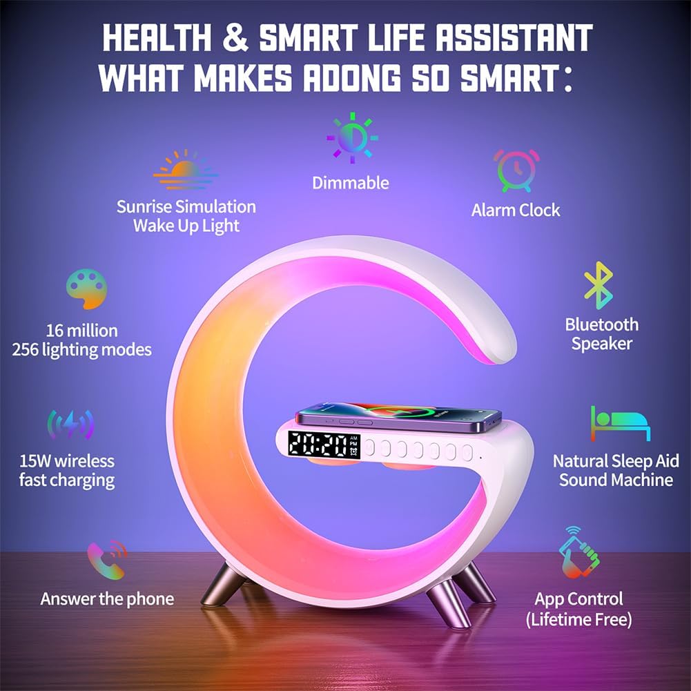 Incarcator Rapid Wireless 15W 4in1 SeveShop cu Ceas, Speaker, Lampa Smart LED RGB, Alarma Ceas cu Lumina de Trezire, Control Inteligent prin Aplicatie, Design Elegant si Compact, Compatibil Universal pentru iPhone, Samsung, Huawei, Alb Arctic
