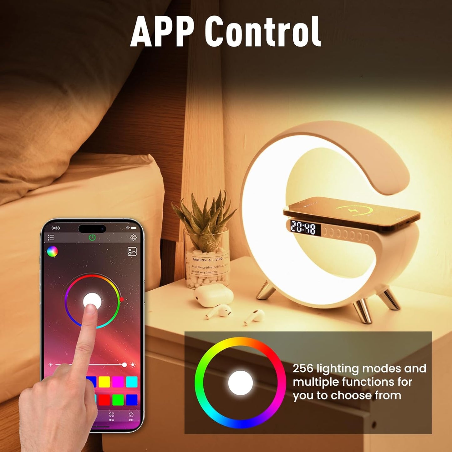 Incarcator Rapid Wireless 15W 4in1 SeveShop cu Ceas, Speaker, Lampa Smart LED RGB, Alarma Ceas cu Lumina de Trezire, Control Inteligent prin Aplicatie, Design Elegant si Compact, Compatibil Universal pentru iPhone, Samsung, Huawei, Alb Arctic