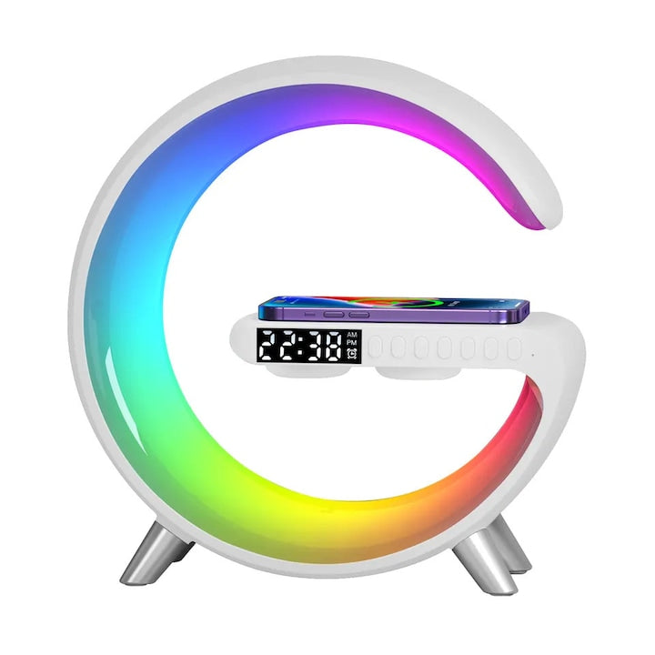 Incarcator Rapid Wireless 15W 4in1 SeveShop cu Ceas, Speaker, Lampa Smart LED RGB, Alarma Ceas cu Lumina de Trezire, Control Inteligent prin Aplicatie, Design Elegant si Compact, Compatibil Universal pentru iPhone, Samsung, Huawei, Alb Arctic
