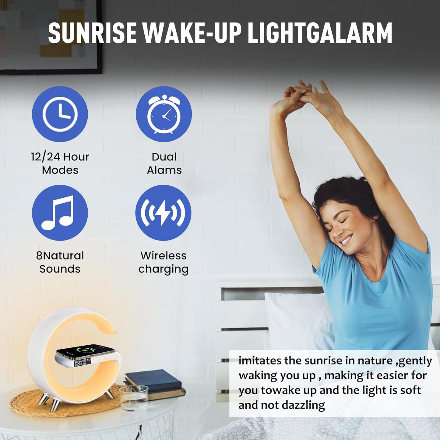 Incarcator Rapid Wireless 15W 4in1 SeveShop cu Ceas, Speaker, Lampa Smart LED RGB, Alarma Ceas cu Lumina de Trezire, Control Inteligent prin Aplicatie, Design Elegant si Compact, Compatibil Universal pentru iPhone, Samsung, Huawei, Alb Arctic