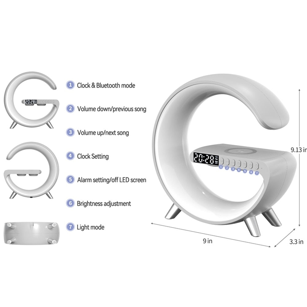 Incarcator Rapid Wireless 15W 4in1 SeveShop cu Ceas, Speaker, Lampa Smart LED RGB, Alarma Ceas cu Lumina de Trezire, Control Inteligent prin Aplicatie, Design Elegant si Compact, Compatibil Universal pentru iPhone, Samsung, Huawei, Alb Arctic