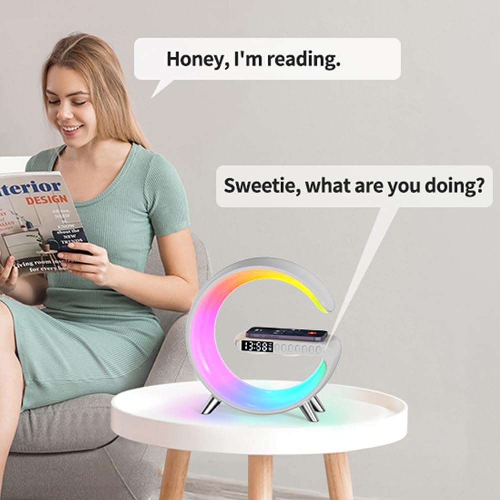 Incarcator Rapid Wireless 15W 4in1 SeveShop cu Ceas, Speaker, Lampa Smart LED RGB, Alarma Ceas cu Lumina de Trezire, Control Inteligent prin Aplicatie, Design Elegant si Compact, Compatibil Universal pentru iPhone, Samsung, Huawei, Alb Arctic