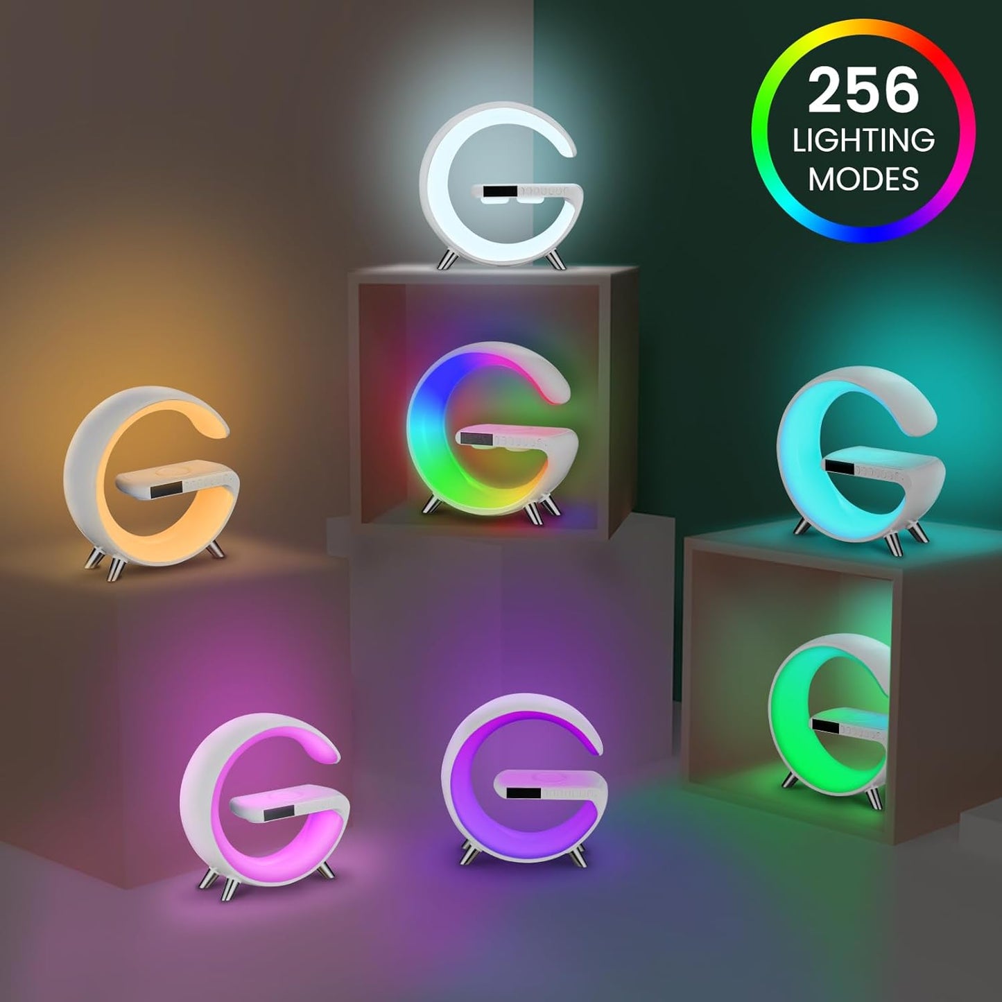 Incarcator Rapid Wireless 15W 4in1 SeveShop cu Ceas, Speaker, Lampa Smart LED RGB, Alarma Ceas cu Lumina de Trezire, Control Inteligent prin Aplicatie, Design Elegant si Compact, Compatibil Universal pentru iPhone, Samsung, Huawei, Alb Arctic