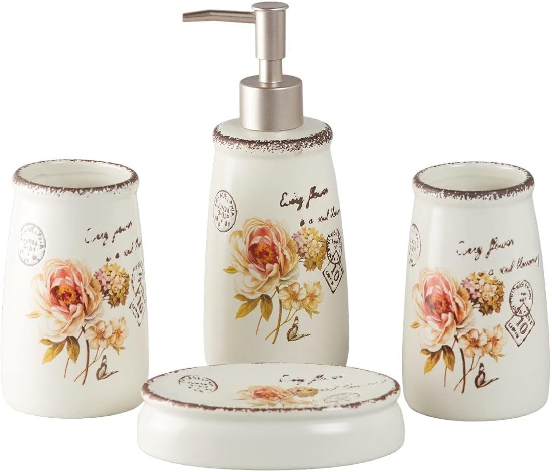 [MJ] Set Accesorii Baie Vintage 4 Piese – Design Floral Romantic, Stil Shabby Chic, Ideal pentru Cadou sau Decor Elegant