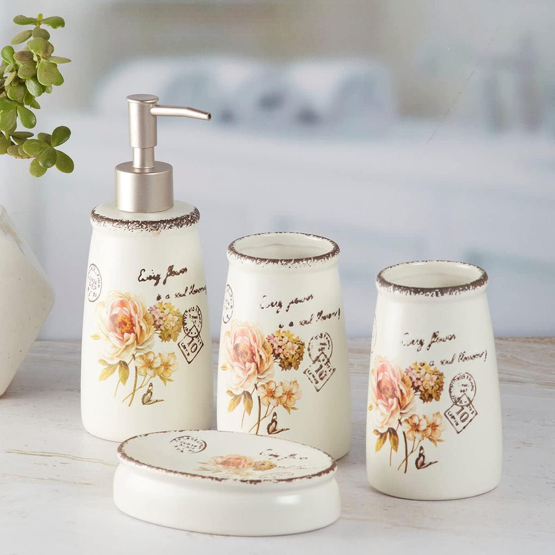 [MJ] Set Accesorii Baie Vintage 4 Piese – Design Floral Romantic, Stil Shabby Chic, Ideal pentru Cadou sau Decor Elegant