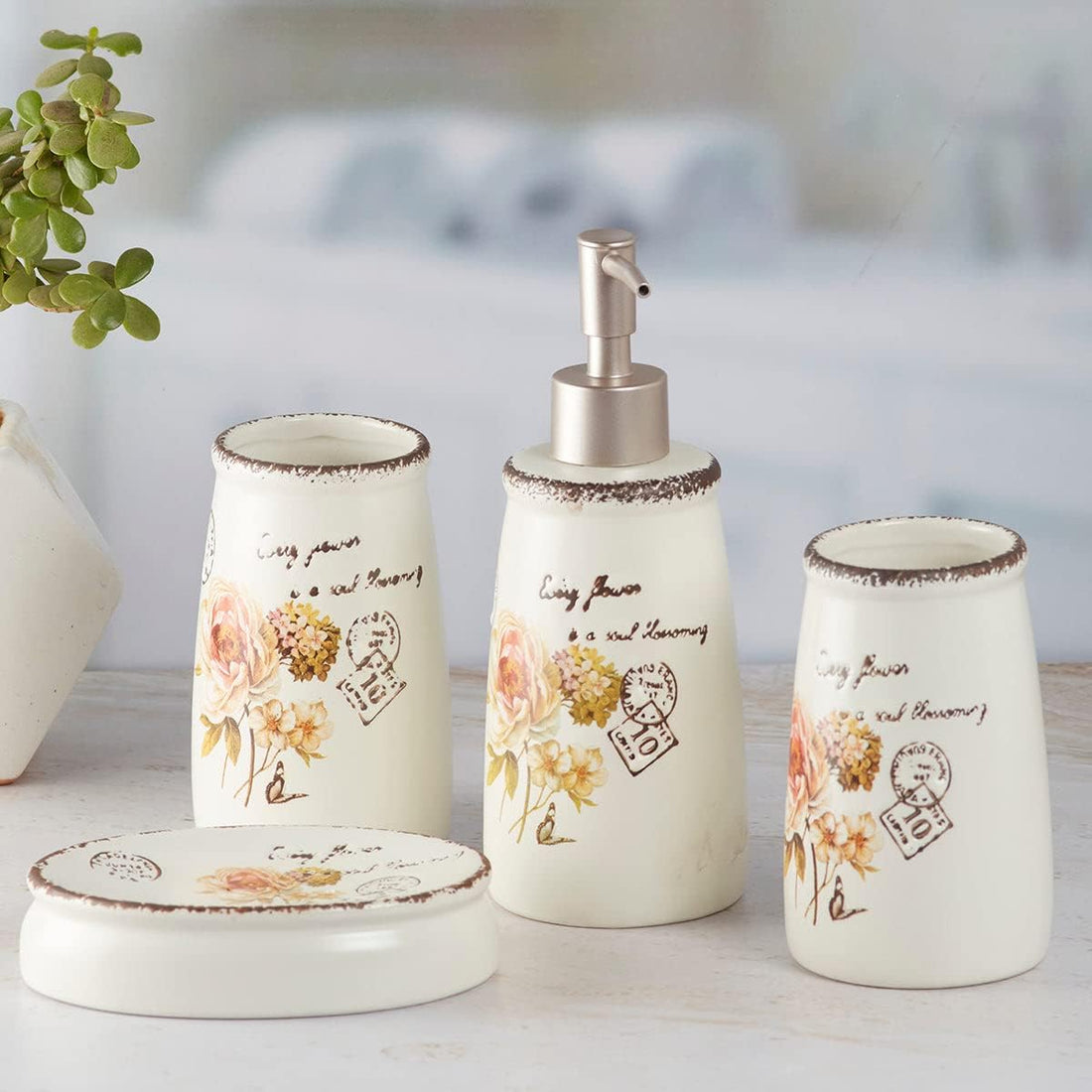 [MJ] Set Accesorii Baie Vintage 4 Piese – Design Floral Romantic, Stil Shabby Chic, Ideal pentru Cadou sau Decor Elegant